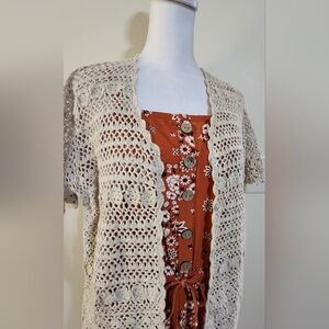 Boho 90s Oatmeal Colored Floral Lace Cardigan Women's Size M